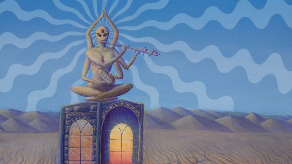 A surrealist painting depicts a four-armed alien playing a flute atop a stone structure with arched windows in a desert landscape. The sky is blue with wavy patterns. The desert floor has the words "OTHER" & "WORLDLY" etched into the sand. Small desert plants and praying mantises dot the foreground.
