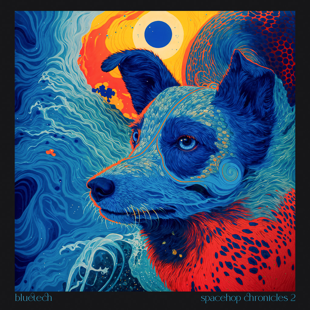 An artistic album cover titled "bluetech spacehop chronicles 2" features a blue heeler dog in profile, facing left. The dog is rendered in shades of blue with orange accents. Behind the dog is a surreal landscape with swirling blue waves, a yellow sun with a blue center, and an orange and blue patterned sphere. The overall style is psychedelic and dreamlike.