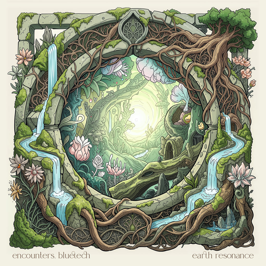 Intricate fantasy illustration of a circular stone portal overgrown with thick moss, roots, and vines. Small waterfalls cascade down the stone frame, which is decorated with pink and white lotus-like flowers. Through the portal, a glowing, sun-drenched mystical forest with winding paths is visible. The colors are lush greens, earthy browns, and soft pastels. Text at the bottom reads "encounters, bluetech" and "earth resonance" in a clean serif font.