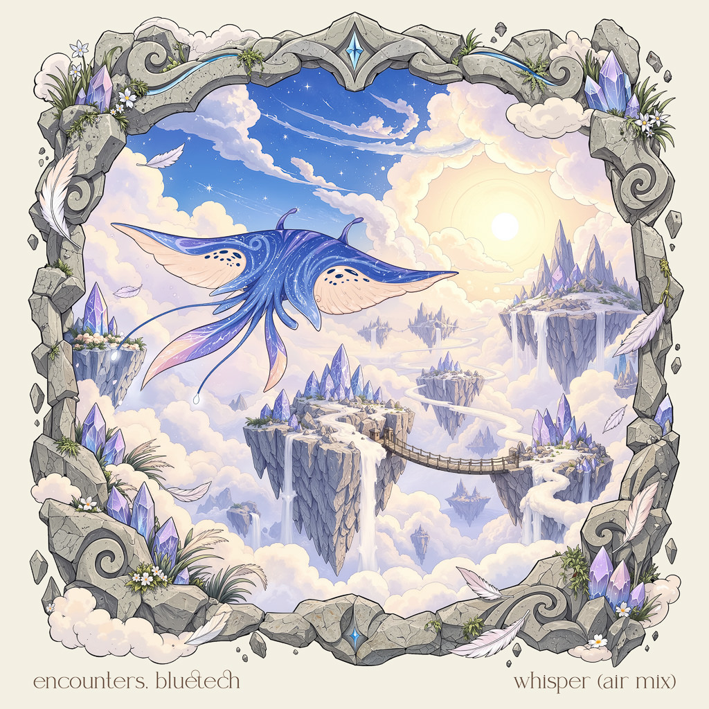 A fantasy illustration of a celestial blue manta ray soaring through a dreamlike sky filled with floating islands, waterfalls, and glowing crystals. The scene is viewed through an ornate stone frame adorned with purple gems, white feathers, and small flowers. Below, a bright sun shines through soft clouds over floating mountain peaks connected by bridges. Text at the bottom reads "encounters, bluetech" and "whisper (air mix)."